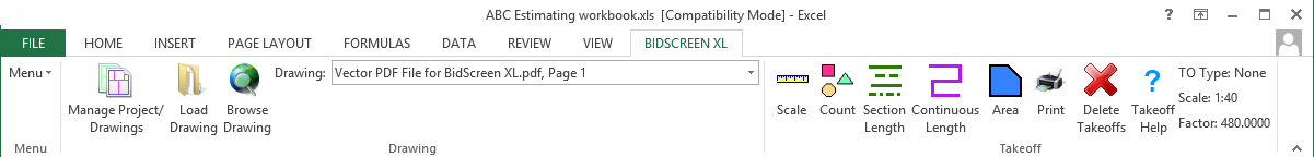 The BidScreen XL ribbon tab inside Microsoft Excel, showing Manage, Load, Browse, Scale, Count, Section Length, Continuous Length, Area, Print, Delete Takeoffs, and Takeoff Help buttons