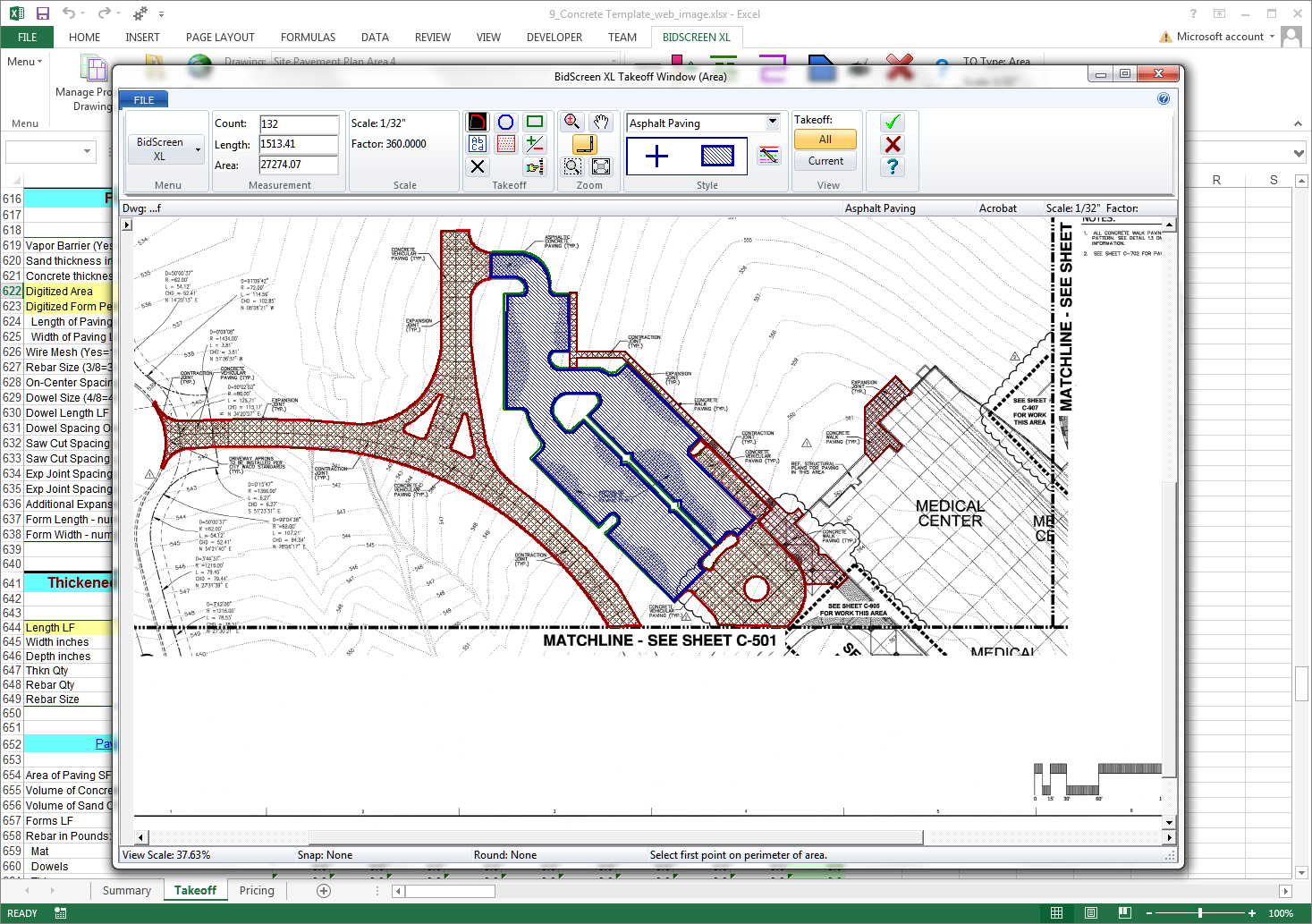 BidScreen XL embedded in Microsoft Excel showing a takeoff in progress on a paving plan