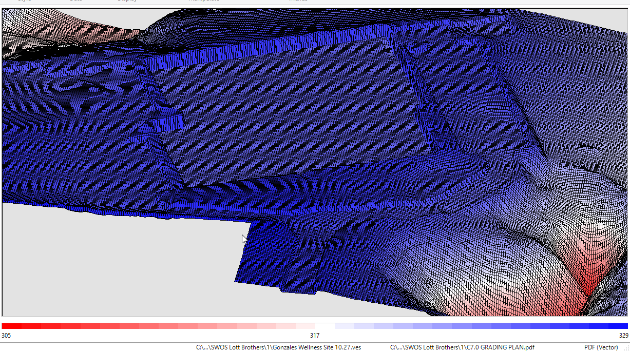 SiteWorx/OS 3D model showing existing and proposed surfaces with cut and fill regions