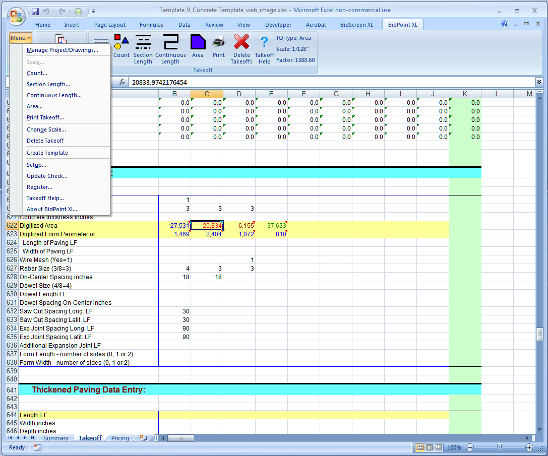 BidPoint-XL-V7 bidding and takeoff software interface with construction data in Excel